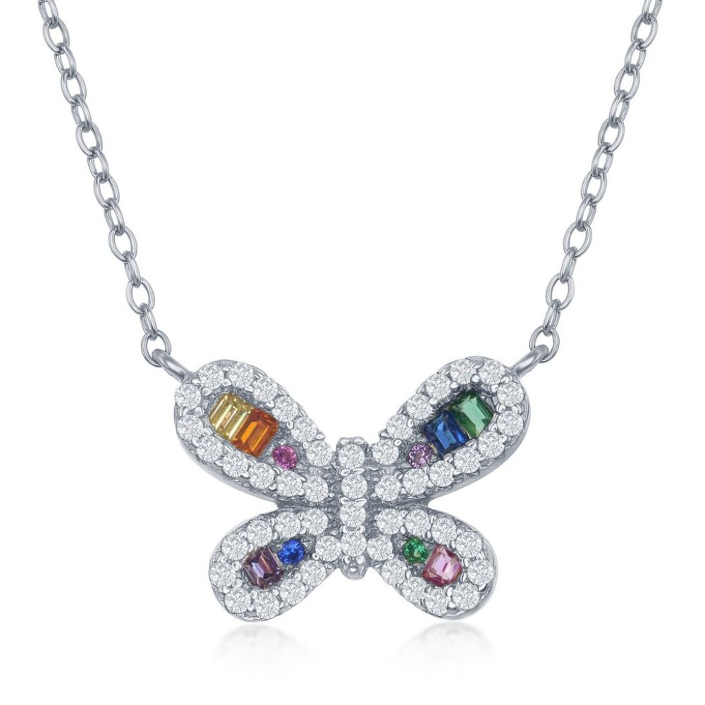Sterling Silver Rainbow CZ Butterfly Neckalce